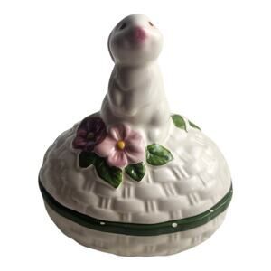 VTG 82 Avon Bunny Rabbit Floral White Waven Basket Trinket Box Hand-Painted